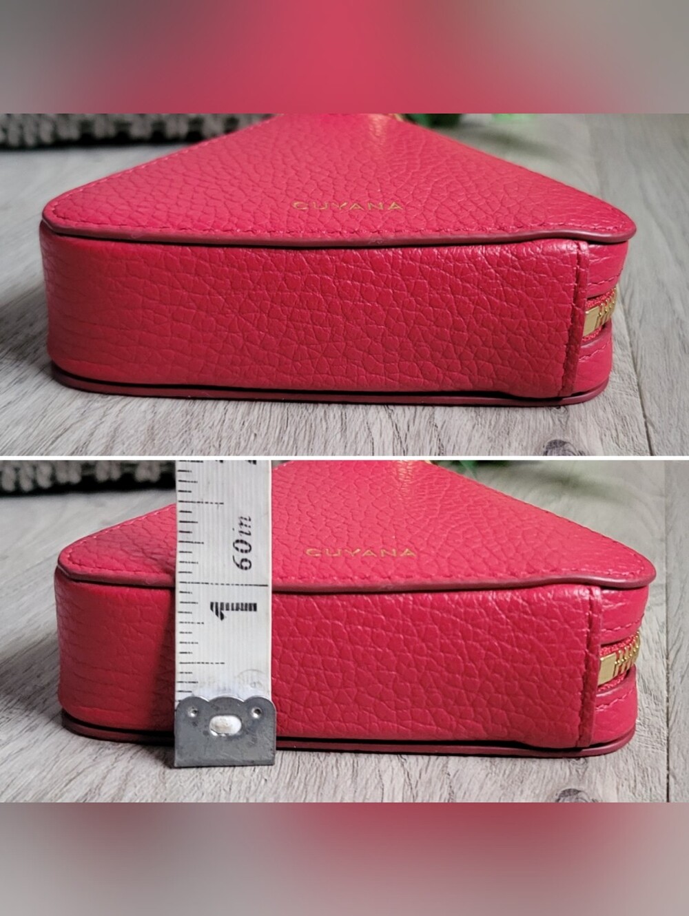 Cuyana Triangle Fruit Pouch Italian Leather Rare Raspberry & Gold Hinge, 4" x 4" - Picture 6 of 16